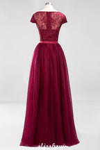 Vestido de noche elegante de corte evasé con mangas casquillo, estampado floral y apliques de tul para damas de honor