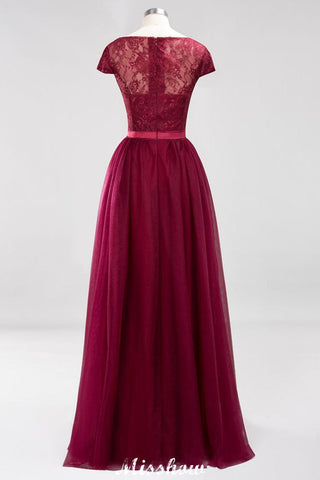 Vestido de noche elegante de corte evasé con mangas casquillo, estampado floral y apliques de tul para damas de honor