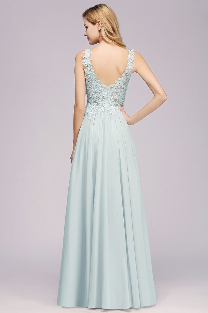 Elegante vestido de dama de honor de gasa con encaje, escote en V, sin mangas, corte en A y largo hasta el suelo, con pedrería.