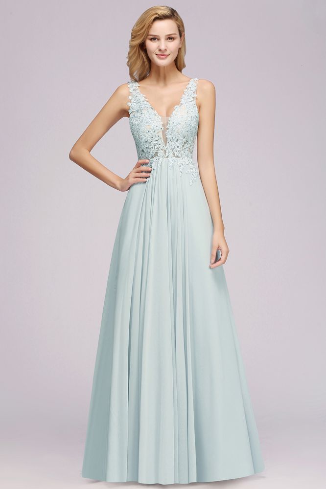 Elegante vestido de dama de honor de gasa con encaje, escote en V, sin mangas, corte en A y largo hasta el suelo, con pedrería.