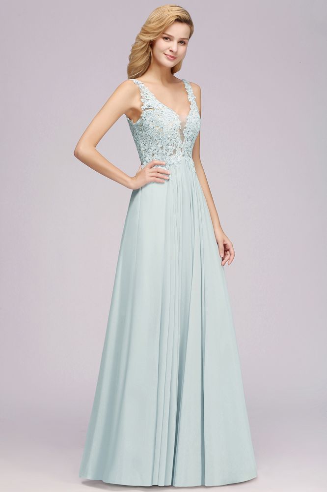 Elegante vestido de dama de honor de gasa con encaje, escote en V, sin mangas, corte en A y largo hasta el suelo, con pedrería.