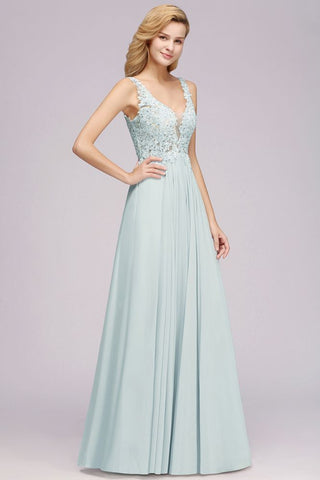 Elegant Chiffon Lace V-Neck Sleeveless Floor-Length A-Line Bridesmaid Dress with Beadings