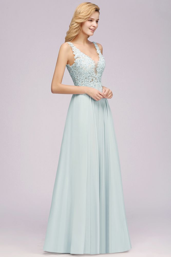 Elegante vestido de dama de honor de gasa con encaje, escote en V, sin mangas, corte en A y largo hasta el suelo, con pedrería.