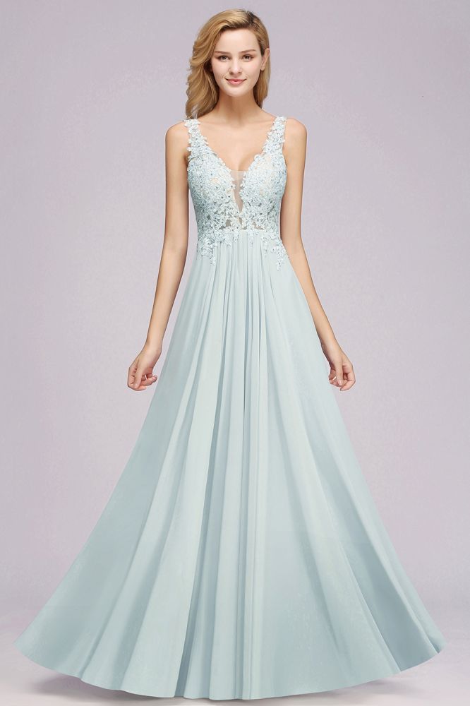 Elegante vestido de dama de honor de gasa con encaje, escote en V, sin mangas, corte en A y largo hasta el suelo, con pedrería.