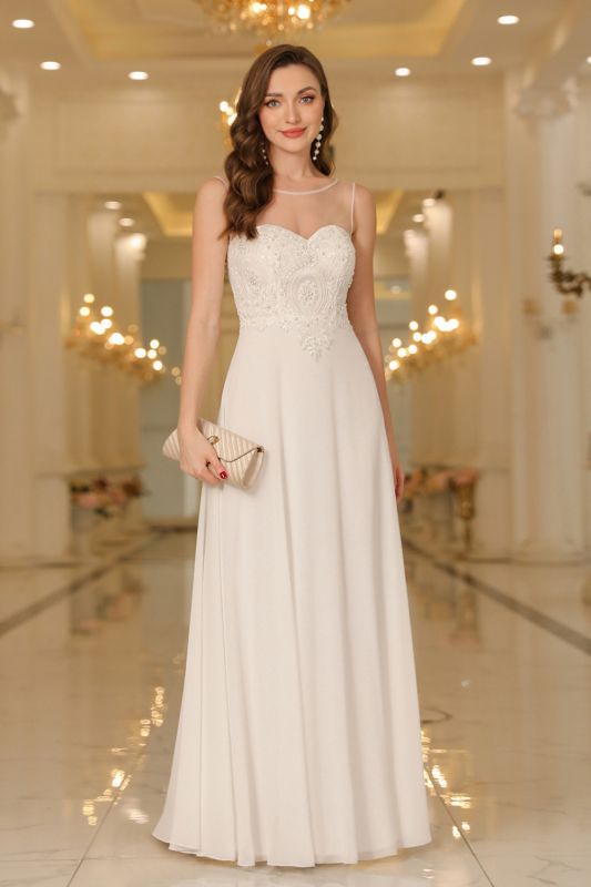 Robe de soirée élégante en mousseline sans manches, col rond, ornée d'appliqués de dentelle, robe de demoiselle d'honneur