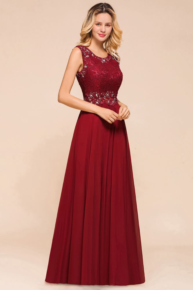 Robe de soirée élégante à col ras du cou et perles, sans manches, en dentelle, longueur au sol