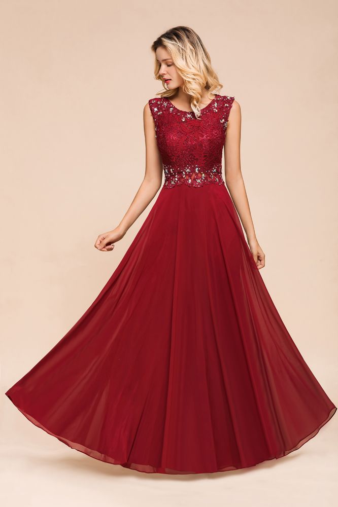 Robe de soirée élégante à col ras du cou et perles, sans manches, en dentelle, longueur au sol