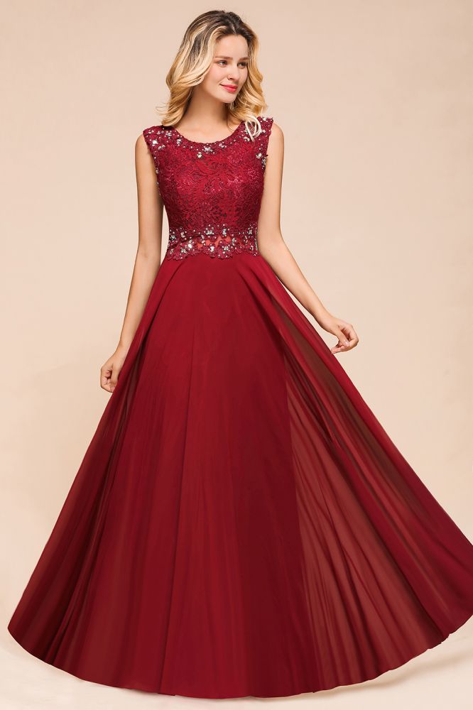 Robe de soirée élégante à col ras du cou et perles, sans manches, en dentelle, longueur au sol