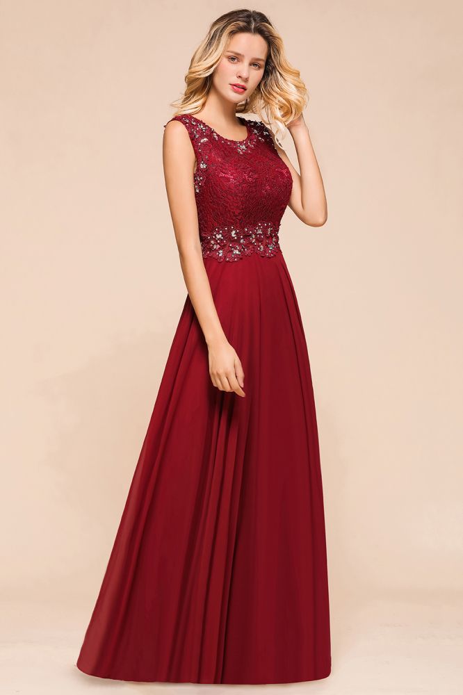 Robe de soirée élégante à col ras du cou et perles, sans manches, en dentelle, longueur au sol