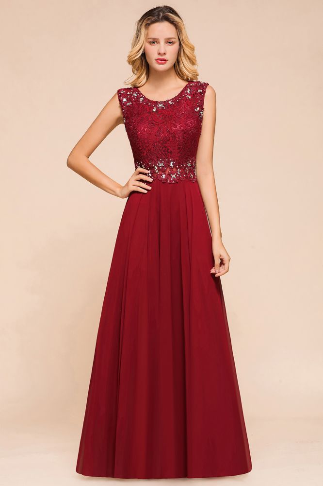 Robe de soirée élégante à col ras du cou et perles, sans manches, en dentelle, longueur au sol
