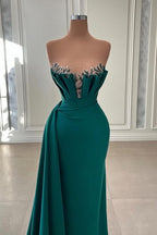 Robe de soirée longue élégante vert foncé sans bretelles style sirène