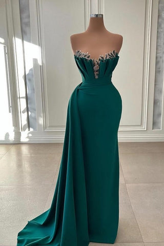 Robe de soirée longue élégante vert foncé sans bretelles style sirène