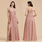 Robe de demoiselle d'honneur élégante rose poudré sans manches en dentelle florale fendue sur le côté