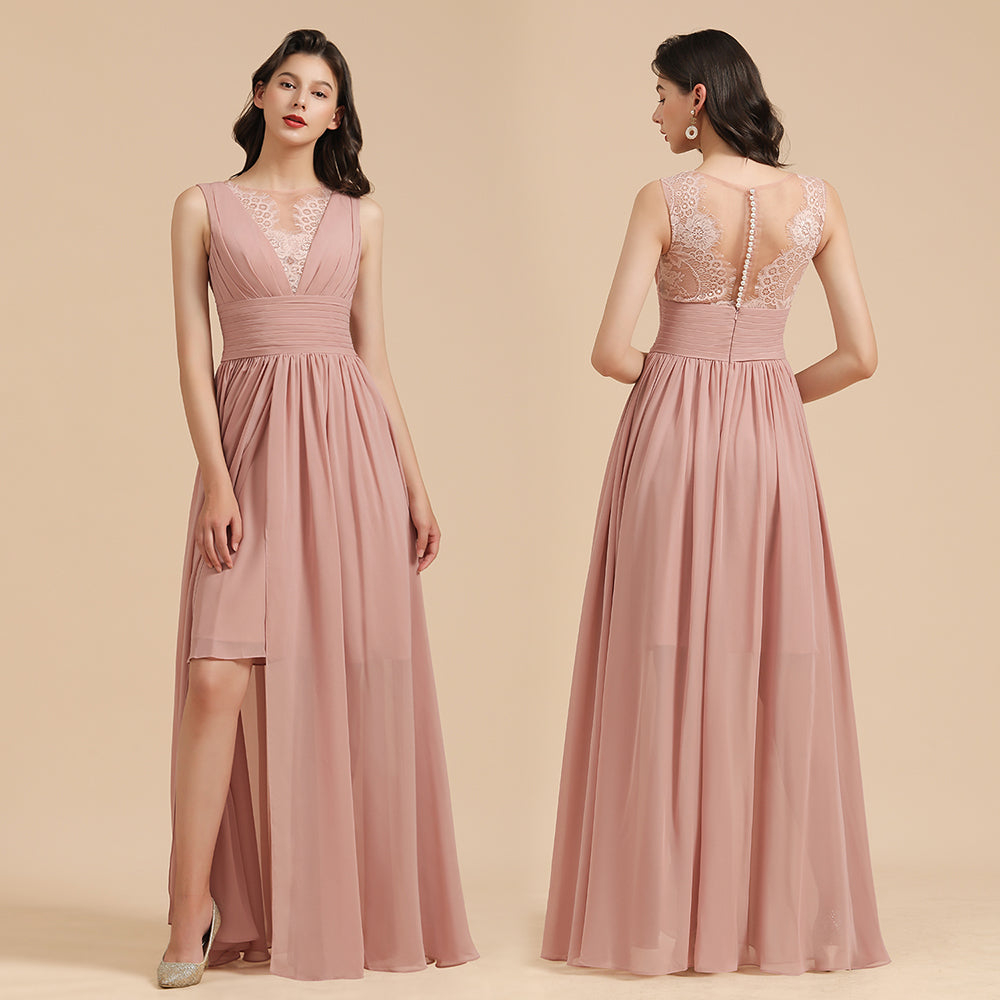 Robe de demoiselle d'honneur élégante rose poudré sans manches en dentelle florale fendue sur le côté