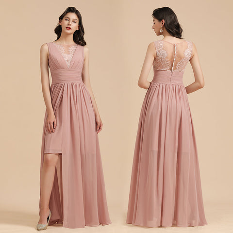 Elegant Dusty Pink Sleeveless Floral Lace Bridesmaid Dress Side Split Party Dress