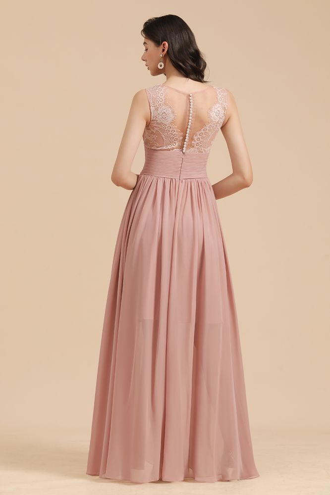 Elegante vestido de dama de honor rosa empolvado sin mangas con encaje floral y abertura lateral