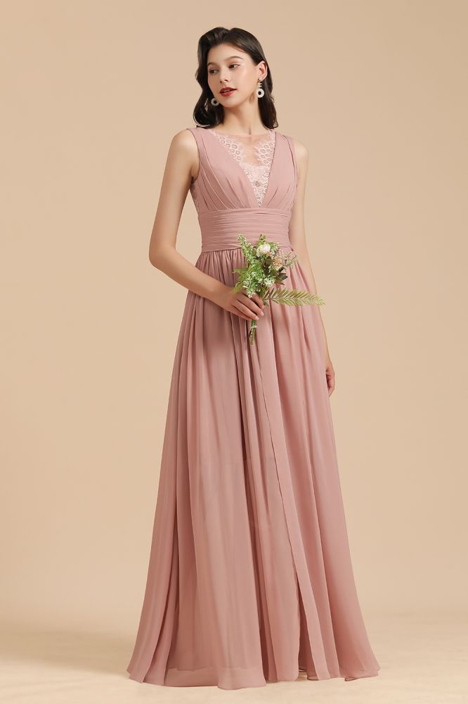 Robe de demoiselle d'honneur élégante rose poudré sans manches en dentelle florale fendue sur le côté
