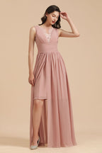 Robe de demoiselle d'honneur élégante rose poudré sans manches en dentelle florale fendue sur le côté