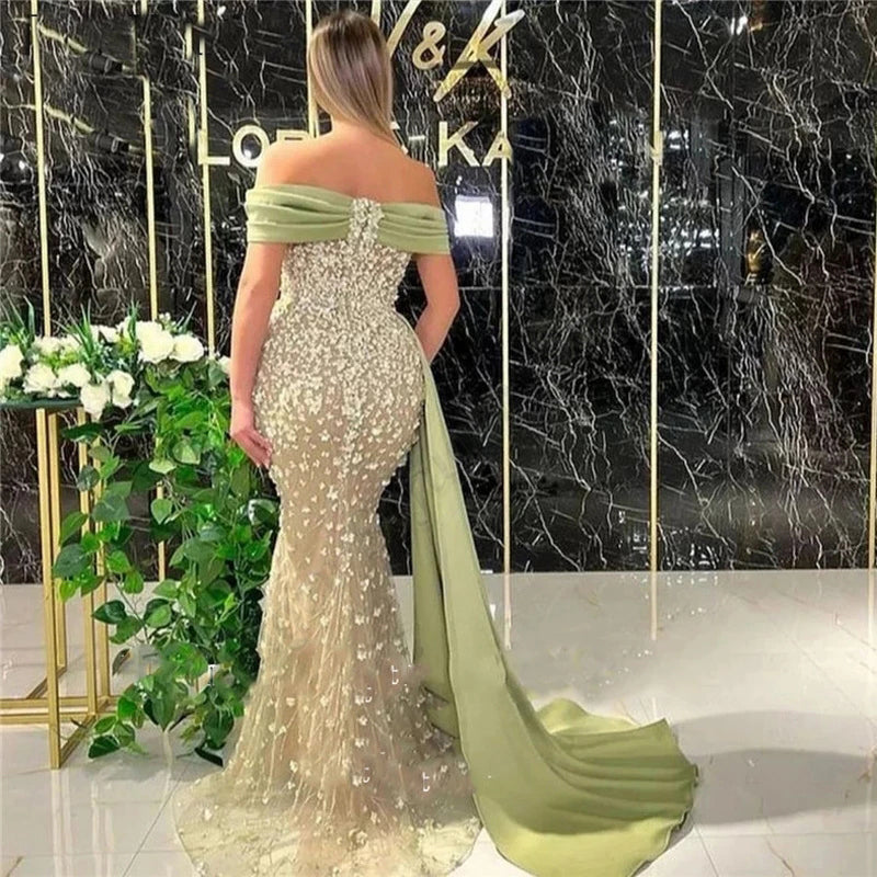 Elegant Dusty Sage Long Mermaid Off-the-shoulder Prom Dress With Lace