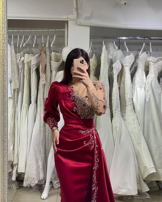 Vestidos de noche elegantes largos color rojo vino | Vestidos de graduación con mangas