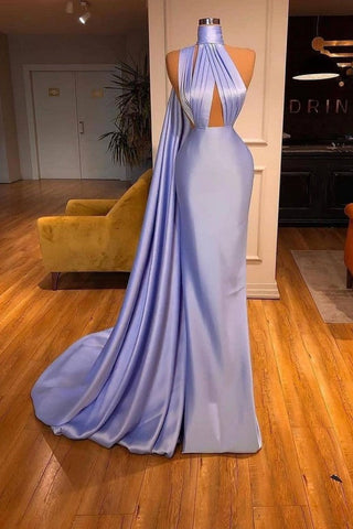 Elegantes vestidos de noche morados de corte sirena hasta el suelo y cuello alto