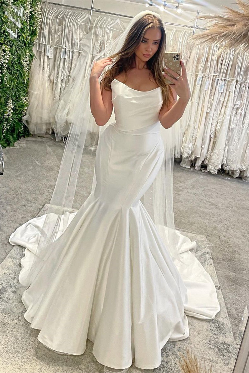 Elegante vestido de novia de sirena sin mangas hasta el suelo, de satén con volantes