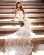 Elegant Floor Length Sweetheart Sleeveless Mermaid Lace Wedding Dress with Beads