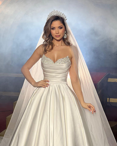 Elegante vestido de novia largo hasta el suelo, sin mangas, corte en A, de satén con cuentas