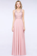 Elegante vestido de dama de honor de corte A con apliques florales, color rosa empolvado, de gasa, largo hasta el suelo.