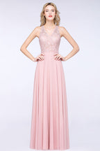 Elegante vestido de dama de honor de corte A con apliques florales, color rosa empolvado, de gasa, largo hasta el suelo.