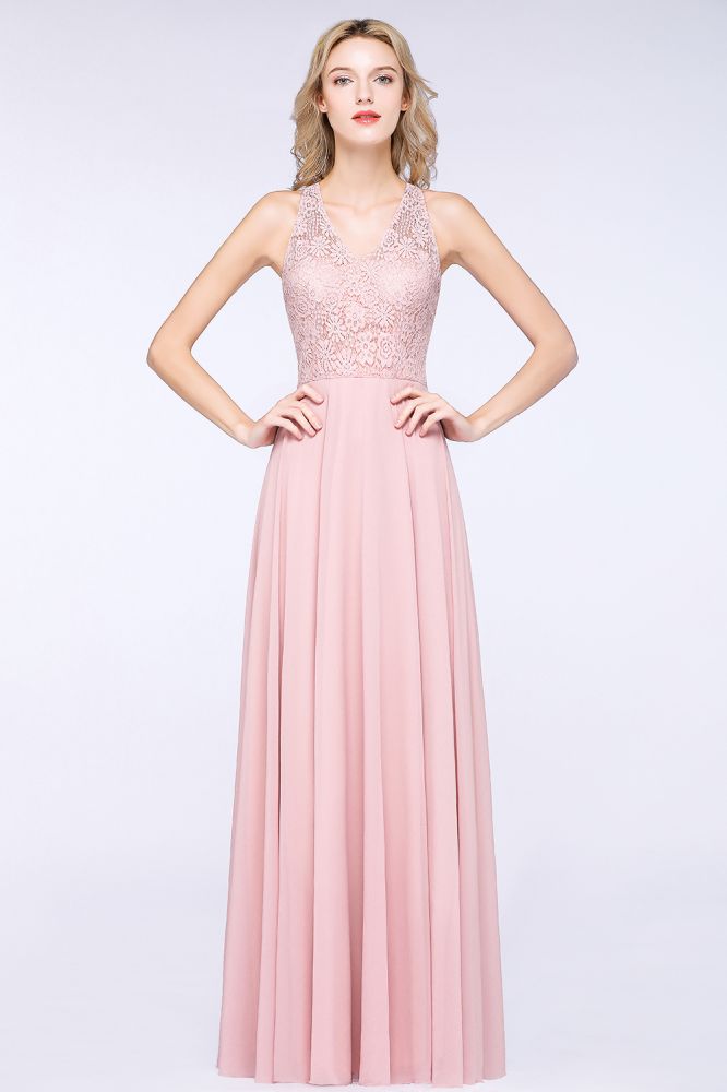 Elegante vestido de dama de honor de corte A con apliques florales, color rosa empolvado, de gasa, largo hasta el suelo.
