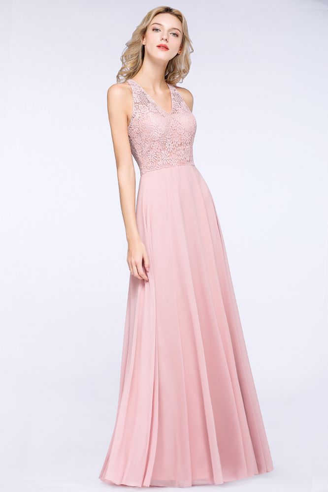Elegante vestido de dama de honor de corte A con apliques florales, color rosa empolvado, de gasa, largo hasta el suelo.