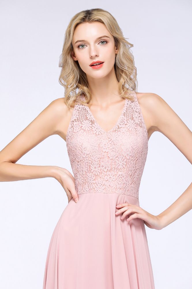 Elegante vestido de dama de honor de corte A con apliques florales, color rosa empolvado, de gasa, largo hasta el suelo.