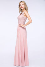 Elegante vestido de dama de honor de corte A con apliques florales, color rosa empolvado, de gasa, largo hasta el suelo.