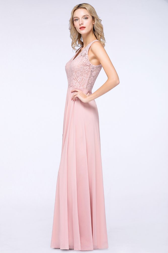 Elegante vestido de dama de honor de corte A con apliques florales, color rosa empolvado, de gasa, largo hasta el suelo.
