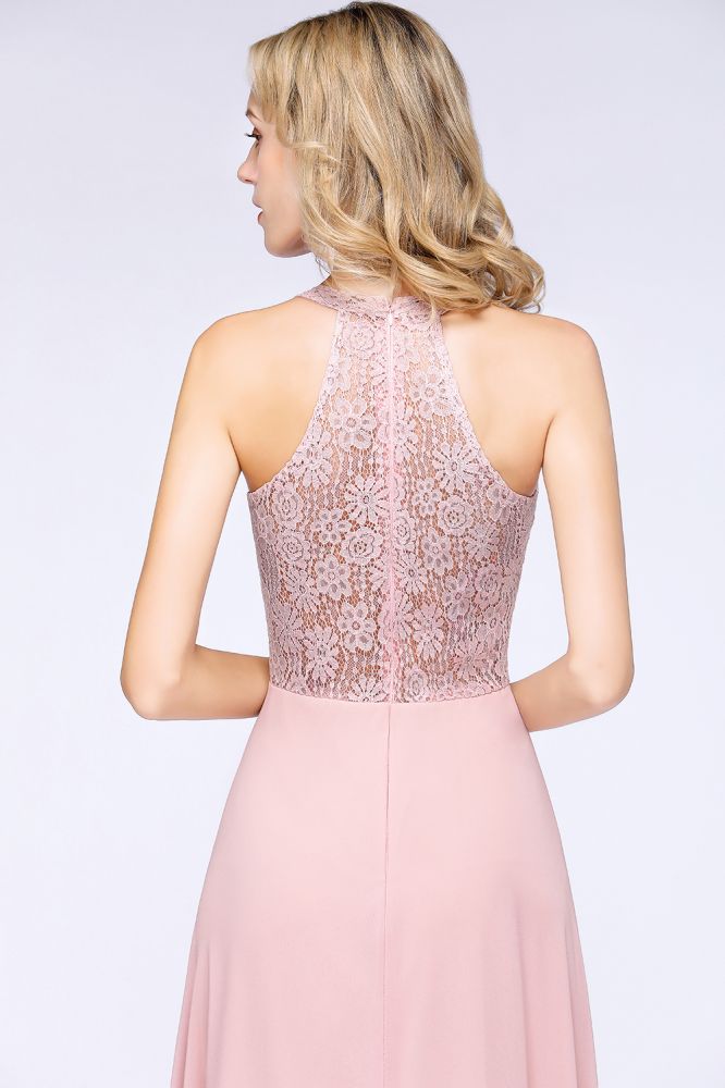 Elegante vestido de dama de honor de corte A con apliques florales, color rosa empolvado, de gasa, largo hasta el suelo.