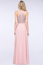 Elegante vestido de dama de honor de corte A con apliques florales, color rosa empolvado, de gasa, largo hasta el suelo.