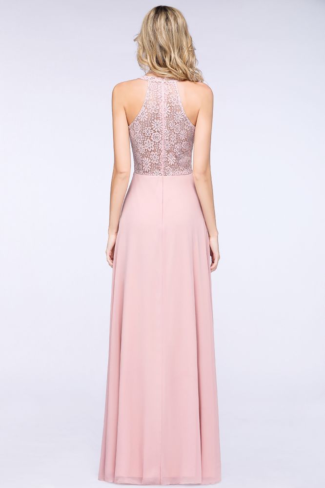 Elegante vestido de dama de honor de corte A con apliques florales, color rosa empolvado, de gasa, largo hasta el suelo.