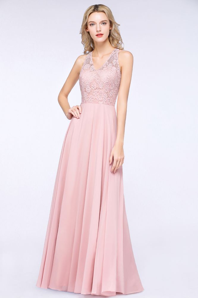 Elegante vestido de dama de honor de corte A con apliques florales, color rosa empolvado, de gasa, largo hasta el suelo.