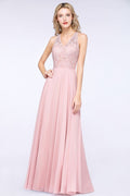 Elegante vestido de dama de honor de corte A con apliques florales, color rosa empolvado, de gasa, largo hasta el suelo.