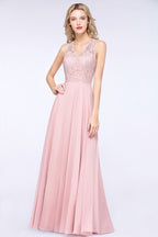 Elegante vestido de dama de honor de corte A con apliques florales, color rosa empolvado, de gasa, largo hasta el suelo.