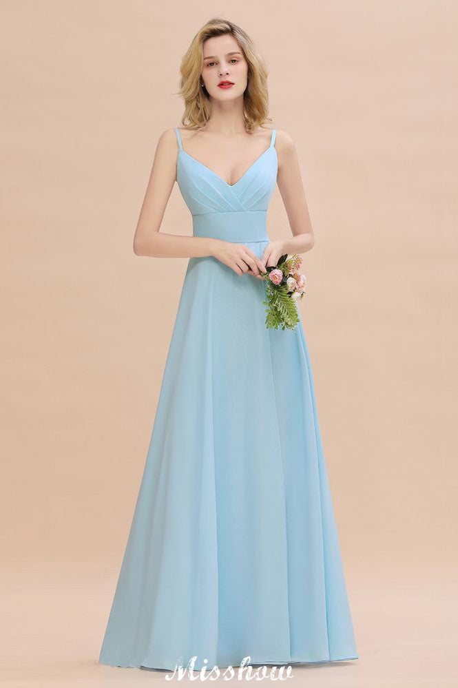 Robe de demoiselle d'honneur élégante fendue sur le devant, bretelles spaghetti, col en V, longueur au sol