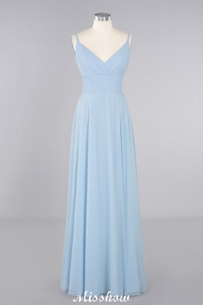 Elegante vestido de dama de honor con abertura frontal, tirantes finos, escote en V y largo hasta el suelo.