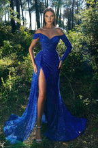 Elegant Glitter Long Off-the-Shoulder Mermaid Prom Dress with Sleeves