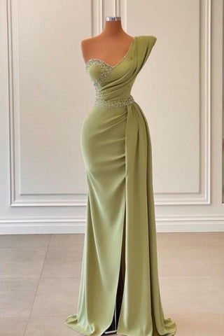 Elegantes vestidos de fiesta de sirena de gasa verde, sin mangas, con un solo hombro y adornados con cuentas.