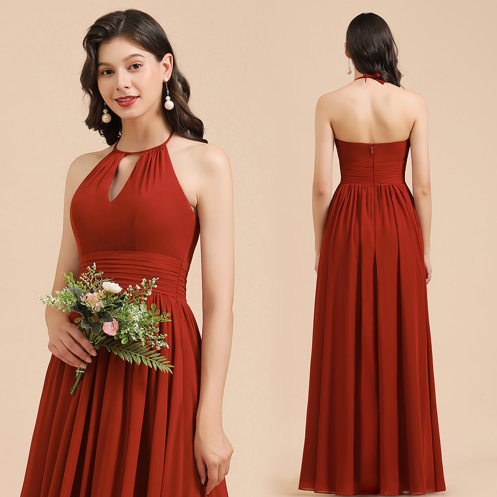 Robe de demoiselle d'honneur élégante en mousseline de soie, coupe trapèze, sans manches, longueur au sol, dos nu, style Aline.