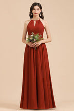 Robe de demoiselle d'honneur élégante en mousseline de soie, coupe trapèze, sans manches, longueur au sol, dos nu, style Aline.