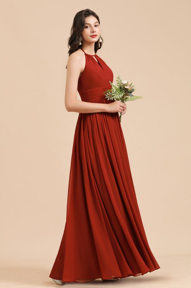 Robe de demoiselle d'honneur élégante en mousseline de soie, coupe trapèze, sans manches, longueur au sol, dos nu, style Aline.