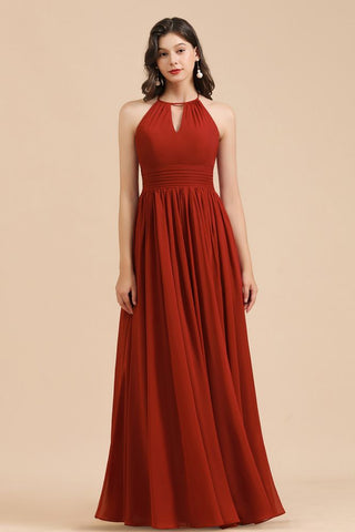 Elegant Halter Aline Chiffon Bridesmaid Dress Sleeveless Floor Length Wedding Party Dress