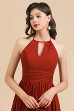 Robe de demoiselle d'honneur élégante en mousseline de soie, coupe trapèze, sans manches, longueur au sol, dos nu, style Aline.